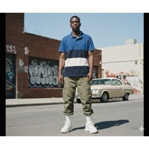 Tommy Hilfiger Blue Black White Polo Shirt Mens Sz Lg Slim Fit Cotton Y2K‎